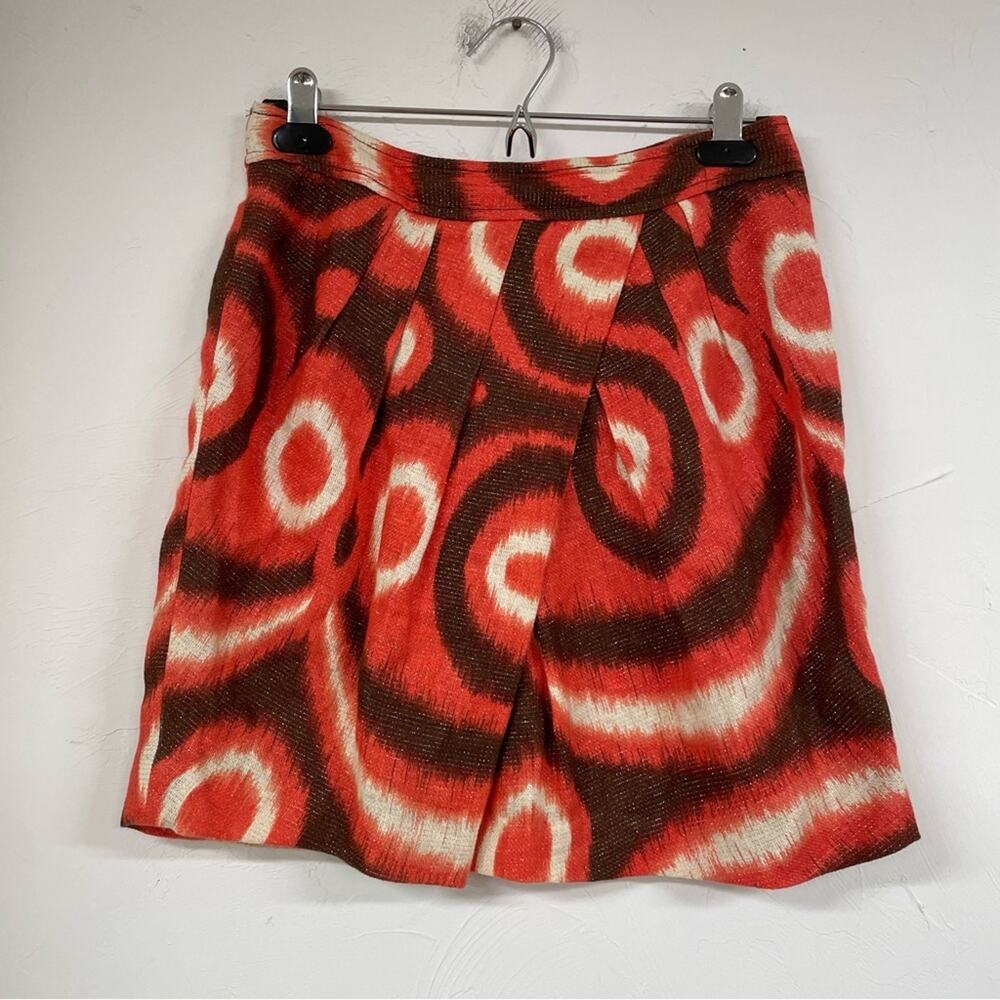 Tory Burch X Bergdorf Goodman Orange & Brown Linen Pleated Mini Skirt Womens 4